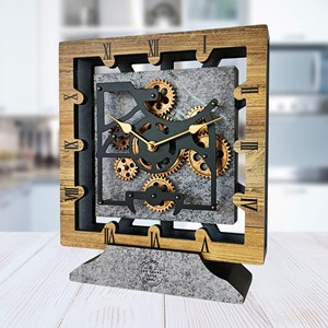 Horloge de bureau rectangulaire en bois recyclé artisanal de style industriel |   Engrenages en laiton vintage |   Vente en gros |   Aqudus Saleem AS-RVD008 - Product Image 2