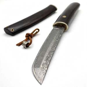 Cuchillo utilitario de precisión hecho a mano con hoja de acero Damasco Raindrop, mango de madera de ébano oscuro, collarín de latón y funda de madera. - Product Image 5