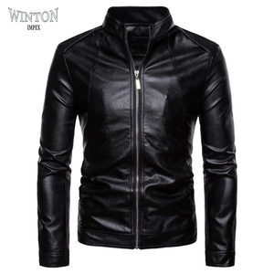 Men Genuine Leather Winter Breathable Stand Collar <b>Zip</b> <b>up</b> Biker Coat Black Regular Fit Custom OEM Service - Product Image 4