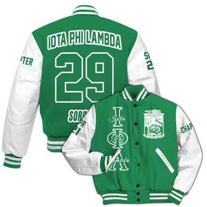 Veste universitaire personnalisée pour femmes Iota Phi Lambda, vert émeraude, lettres blanches, écusson, numéro, année, veste bomber de sororité - Product Image 4