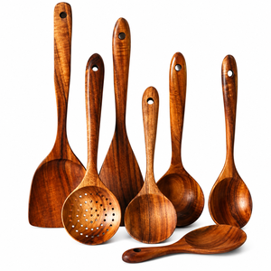 Ensemble de cuillères de cuisine en bois de qualité supérieure, spatule antiadhésive en bois naturel, louche ajourée, ustensiles de cuisine à prix abordable - Product Image 1