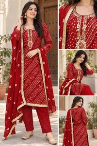 Ensemble de Kurti long imprimé pour femmes, style Bandhej, avec de riches broderies à la main |   Kurta en rayonne, pantalon en coton à taille élastique et chiffon imprimé D - Product Image 4
