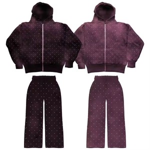 Ensemble de survêtement à capuche avec fermeture éclair, veste et pantalon à imprimé pois, tenue décontractée 2 pièces, noir et violet - Product Image 2