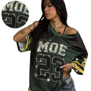Maillot de football américain tendance Y2K en maille ornée de strass, coupe épaules tombantes, imprimé numéro, style streetwear scintillant – Fournisseur - Product Image 1