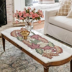 Embroidered Leaf Pattern Table Runner Modern Home Decor Polyester Washable Plant Design - Product Image 3