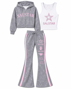 Women’s 3 Piece <b>Velour</b> <b>Tracksuit</b> Set Custom Logo Rhinestone Hoodie Jacket Flare Pants Luxury Casual Sportswear Set - Product Image 3