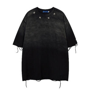 T-shirts personnalisés en coton délavé pour hommes, avec logo brodé et strass, grande taille, col rond, unisexe, vente en gros - Product Image 5