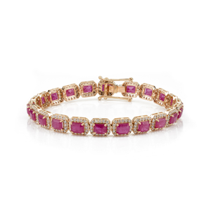 Gorgeous Handmade 100% Genuine <b>Ruby</b> & Diamond 14K Yellow Gold Fine Halo Statement Tennis <b>Bracelet</b> Wedding Party Wear Jewelry - Product Image 1