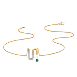 Collar con Colgante en Forma de U con Diamantes y Esmeralda en Forma de Gota, con Diseño de Cadena Asimétrica - Product Image 2