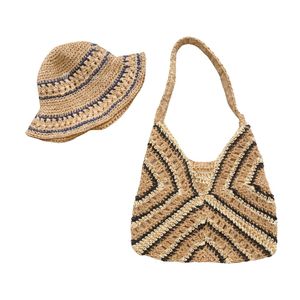 Conjunto de Bolso de Playa y Sombrero de Sol de Paja Tejida a Rayas, Bolso de Hombro de Verano con Borde de Flecos de Rafia para Vacaciones y Viajes, Venta al por Mayor - Product Image 2