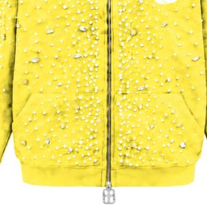 Sudadera con capucha amarilla limón con cremallera completa, chaqueta de lujo con perlas incrustadas, sudadera con capucha de manga larga con bolsillos delanteros - Product Image 5