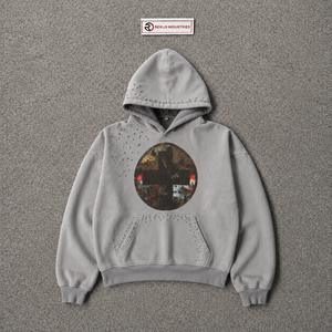 Sudadera con capucha plateada vintage al por mayor, diseño de estampado circular, bolsillo frontal, ropa casual de otoño, estilo urbano, jersey de tejido grueso - Product Image 5