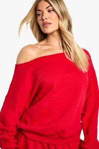Women's <b>Red</b> Off-Shoulder Oversized Sweatshirt Drop-Shoulder Long Sleeve Solid Color Knitted Cotton Autumn Wear - Product Image 5