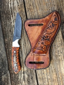 Custom Handmade Damascus Steel Hunting Knife Orange <b>Pinecone</b> Resin Handle Fixed Blade Skinner with Floral Tooled Leather Sheath - Product Image 3