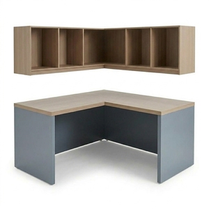 Bureau de direction moderne en forme de L avec armoire d'angle murale, étagères de rangement ouvertes, bicolore gris et chêne naturel, poste de travail - Product Image 1