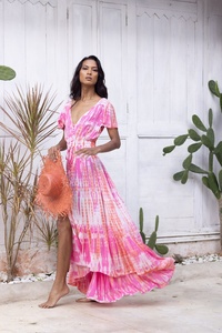 Nouvelle arrivée Robe maxi tie-dye pour femmes, vêtements de plage, 100% coton, silhouette en A, col en V - Product Image 6