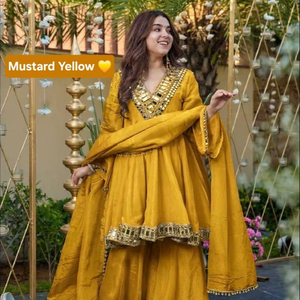 Ensemble Kurti en Chinon pour tenue ethnique avec Plazzo à volants et Dupatta en dentelle - Product Image 1