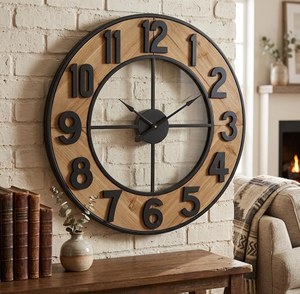Grande horloge murale rustique style ferme – Bois et métal noir, décoration industrielle bohème pour salon - Product Image 6