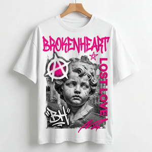 T-shirt blanc pour homme imprimé Broken Heart Lost Love, manches courtes, col rond, style streetwear, coupe classique, jersey en coton - Product Image 2