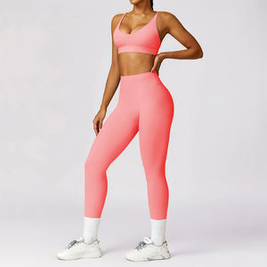 Ensemble de yoga pour femmes, haut court sans couture jaune, dos nageur, leggings taille haute longueur intégrale, 2 pièces, spandex, polyester - Product Image 2