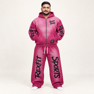 Ensemble de survêtement unisexe rose délavé avec veste zippée imprimée et pantalon large, streetwear personnalisé pour homme, collection automne - Product Image 3
