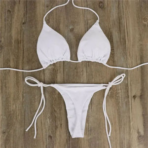 Conjunto de Bikini Negro para Mujer, Estilo Halter, Color Sólido, Tanga, Traje de Baño Elástico de Dos Piezas, Ropa de Playa - Product Image 3