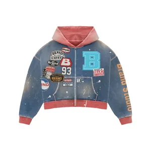 Pink Grey Patchwork <b>Zip</b> Hoodie | Heavy Graphic Collage Oversized Streetwear Jacket | Custom OEM Apparel - Product Image 3