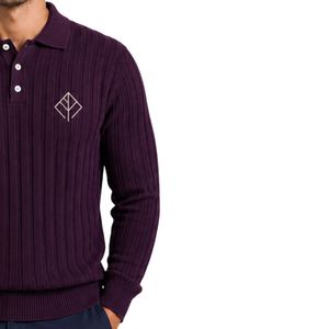 Pull polo côtelé en maille plumé à manches longues, col boutonné, décontracté, doux et chaud pour l'hiver, personnalisable avec logo, vêtement de mode premium pour homme - Product Image 4