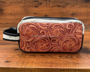 Nueva bolsa de cosméticos con cremallera de cuero mecanizada a mano personalizada, neceser de viaje occidental para Kits de Dopp de cuero genuino para mujer - Product Image 3