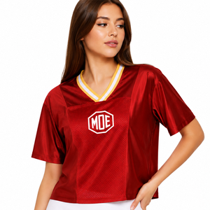 Camisetas de Mujer Personalizadas de Satén y Malla, Estilo Jersey de Fútbol Americano, Cuello en V, Top Corto de Moda, Ropa Deportiva, Marca Privada OEM - Product Image 1