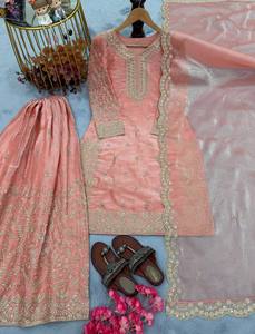 Traje Palazzo de Seda GMY Pura de Calidad de Exportación con Bordado Intenso y Trabajo de Codificación Dori - Product Image 5