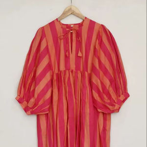 เดรสลายทางพิมพ์ลายบล็อกแฮนด์เมดความยาวปานกลาง |   ผ้าก๊อซฝ้ายโบฮีเมียน - Product Image 1