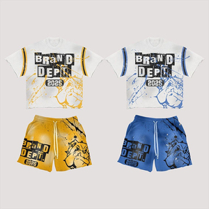 Custom Men's Acid Wash Oversized T-Shirt Shorts Set Vintage Style 100% Cotton <b>Distressed</b> Sun Faded Rhinestone Printed Short Sets - Product Image 6