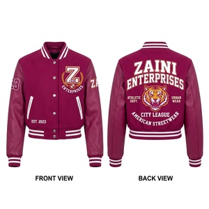<b>Women</b> Crop <b>Top</b> Varsity Jacket 350 GSM Premium Wool Blend <b>Burgundy</b> Body Faux Leather Sleeves Rib Knit Trim Custom Logo Embroidery - Product Image 1