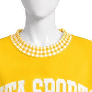 Mens Golden Yellow Loose Fit Crewneck Sweatshirt With <b>Checkered</b> Collar And Cuffs Long Sleeve Graphic Pullover Casual Fashion <b>Top</b> - Product Image 3