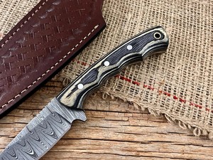 Custom Forged Damascus EDC Fixed Blade Knife Pakka Wood Handle <b>Leather</b> Sheath OEM Full Tang Hunting And Skinner Knife - Product Image 3