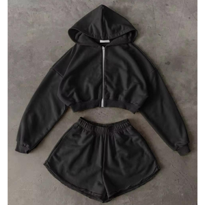 Latest Wholesale High Quality Custom Made Womens Cotton Spandex Casual Solid Breathable Crop Hoodie Shorts <b>Set</b> Zip for Wear - Product Image 5