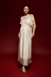 Vestido Midi de Organza de Seda de Lujo para Mujer, Hombro Asimétrico, Corte Holgado, Estilo Elegante de Verano - Product Image 4
