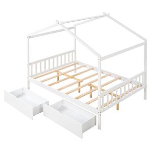 Letto a piattaforma matrimoniale bianco con testiera e pediera a due cassetti, design unico a tetto per bambini - Product Image 6