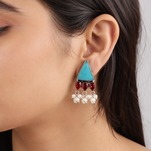 Boucles d'oreilles pendantes en argent oxydé style bohème tribal pour amoureux, avec perles de cristal rouge et perles pour femmes - Vente en gros - Fabricant - Product Image 5
