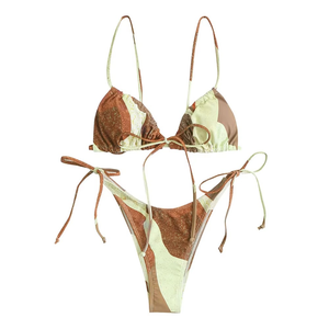 String <b>Bikini</b> <b>Set</b> Women Contrast Color <b>Triangle</b> Adjustable Tie Side Two Piece Swimwear - Product Image 1