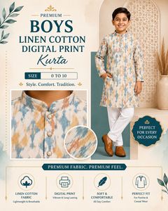 Ensemble Kurta Pyjama pour Garçons en Lin et Coton, Imprimé Numérique Ikat Bleu Doré, Vêtements Ethniques Festifs pour Enfants, Vêtements Indiens 0-10 Ans - Product Image 1