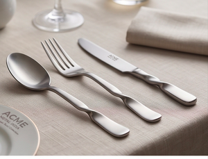 Juego de cubiertos de acero inoxidable plateado satinado con diseño esculpido de lujo, elegante y pulido, cubiertos premium para hoteles y resorts. - Product Image 1