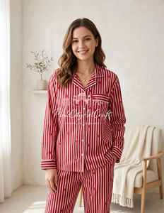 Ensemble de pyjama en coton rayé rouge et blanc pour femmes, élégant, à manches longues, boutonné, vêtements de nuit doux, respirants, séchage rapide, pour l'été - Product Image 6