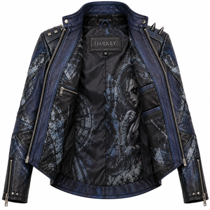 <b>Navy</b> Blue <b>Women</b> Genuine Leather Biker Jacket Custom Fighter Girl Graphic Print Studded Placket Spiked Outerwear Factory - Product Image 5