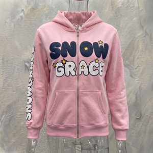 Snow Grace <b>Pink</b> Zip-Up Hoodie Fleece Casual Unisex Regular Fit Autumn Hooded <b>Sweatshirt</b> With Star Print Design - Product Image 3