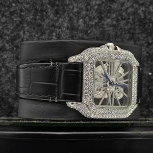 Luxury Mechanical Moissanite Round Cut Diamond Half Iced Out Square Case <b>Black</b> Leather Belt Classic Date Roman Features <b>Watch</b> - Product Image 2