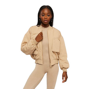 Blouson bomber beige de haute qualité pour femme, manches longues, fermeture éclair, col montant, couleur unie, idéal pour l'automne - Product Image 1