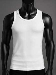 Men's Breathable Ribbed 100% Cotton Gym Tank <b>Top</b> O-Neck Casual Knitted Solid Color 220g - Product Image 1
