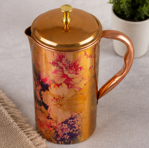 Carafe en cuivre à imprimé floral avec couvercle, grande capacité, pichet à eau décoratif, usage domestique, design artisanal, Tamra Jal - Product Image 6
